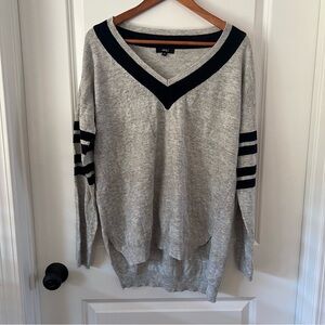 Gray V-Neck Sweater with Navy Stripes